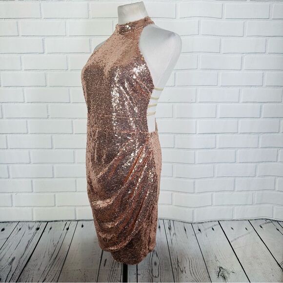 Wink Gal Rose Gold Sequin Halter Dress - Size Large - Picture 5 of 16